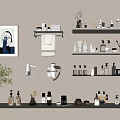 Modern Bathroom Accessories on Shelves with Bottles Towels and Decorative Items