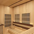 Wooden Sauna Interior Design With Wooden Walls Ceiling Grilles Seating Area And Warm Lighting