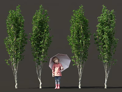 Little Girl With Umbrella Standing Among Green Trees In Outdoor Scene 3d model