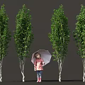Little Girl With Umbrella Standing Among Green Trees In Outdoor Scene
