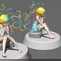 Colorful Female Figure Sculpture with Curly Decorations Stars and Music Notes on White Pedestal