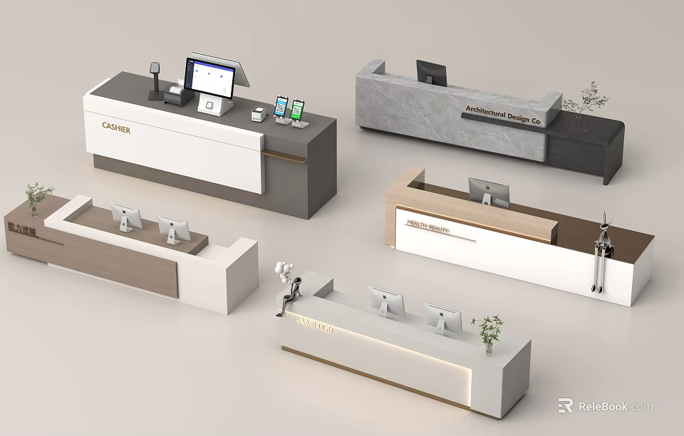 Various Modern Reception Desk Designs With Marble Countertop Wooden Elements And Decorative Plants 3d model 
