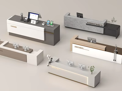 Various Modern Reception Desk Designs With Marble Countertop Wooden Elements And Decorative Plants 3d model
