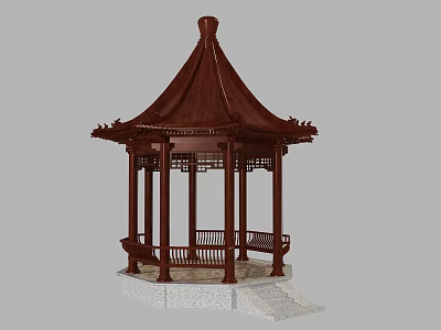 Traditional Chinese Wooden Pavilion With Red Carved Roof And Stone Base Benches 3d model
