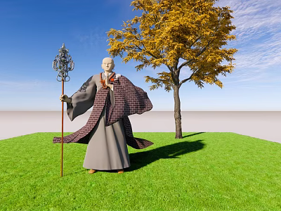 Man in Traditional Robe Holding Ornate Staff Standing on Green Grass Near Yellow Leaf Tree Under Blue Sky 3d model