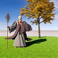 Man in Traditional Robe Holding Ornate Staff Standing on Green Grass Near Yellow Leaf Tree Under Blue Sky
