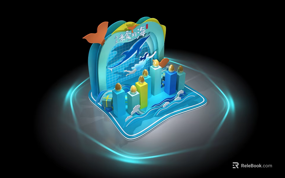 Scenic Deep Blue Mountain Sea Themed Photo Spot with Waves Colorful Columns and Seagull Decor 3d model 