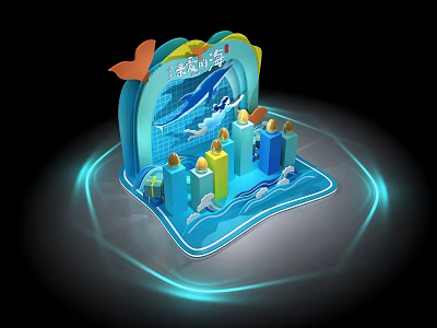 Scenic Deep Blue Mountain Sea Themed Photo Spot with Waves Colorful Columns and Seagull Decor 3d model