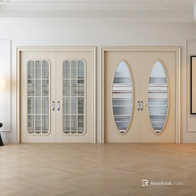 Modern Double Doors Interior Design With Ivory Grille And Oval Glass Windows 3d model 