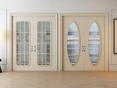 Modern Double Doors Interior Design With Ivory Grille And Oval Glass Windows 3d model