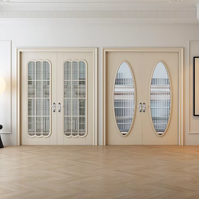 Modern Double Doors Interior Design With Ivory Grille And Oval Glass Windows 3d model