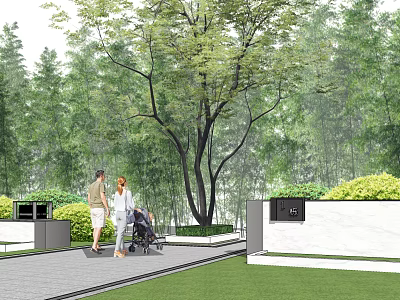 Scenic Entrance Gate With Lush Trees Green Lawn and People Walking in Natural Setting 3d model