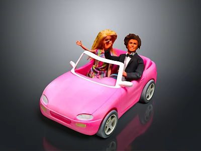 Pink Convertible Toy Car With Blonde Female And Brunette Male Dolls Inside 3d model