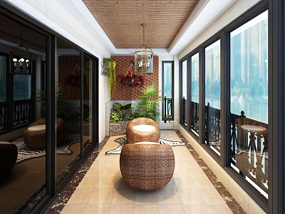 Villa Balcony with Woven Rattan Stools Hanging Lantern Green Plants and Large Windows 3d model
