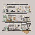 Neatly Arranged Kitchen Shelves Displaying Cooking Utensils Pots Pans Knives And Spice Jars