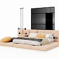 Modern Double Bed with Black Lattice Headboard White Yellow Pillows Floor Lamps and Padded Stool