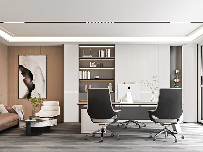 Modern Office Interior Design With Desk Chairs Bookshelf Sofa And Decorative Painting 3d model