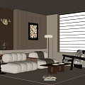Modern Living Room Interior With Beige Sofa Armchair Floor Lamp Wooden Wall And Roller Blinds