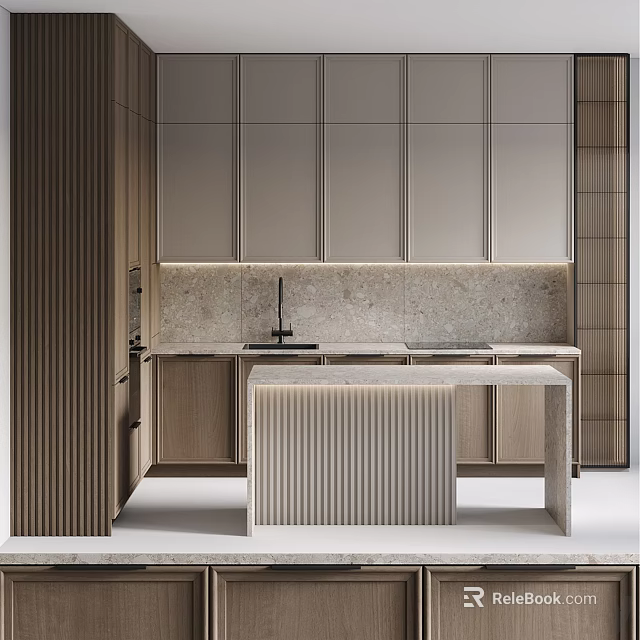 Modern Open Kitchen Interior Design With Island Counter And Sleek Cabinets 3d model