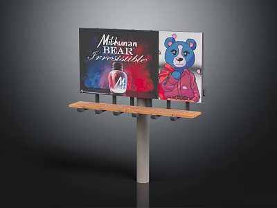 Billboard Featuring Mitsubishi Bear With Irresistible Text And Wooden Counter 3d model