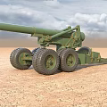 Green Military Artillery Weapons With Wheels Multiple Field Pieces On Desert Terrain