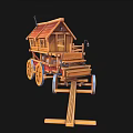 Wooden Carriage Featuring House like Structure Red Roof Windows and Wheels