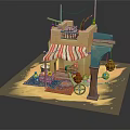 Cartoon Scene With Yellow Building Red White Striped Awning And Decorative Items On Sandy Ground