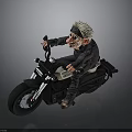 Cartoon Character With White Spiky Hair Riding Black Motorcycle And Exaggerated Facial Features