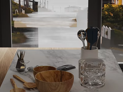 Modern Kitchen Ornaments Kitchenware Wooden Bowl Spoon Bowl Wine Glass 3d model