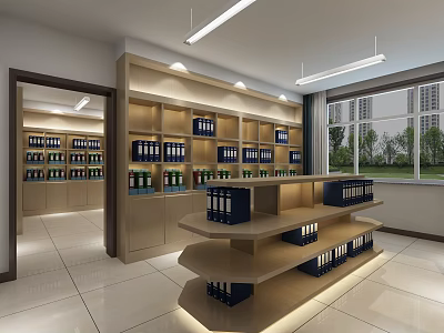 Modern Bright Archive Room Interior Featuring Bookshelves File Cabinets Folders And Central Display Shelf 3d model