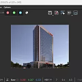 Modern Tall Office Building with Glass Curtain Wall Red Logo Top Lower Section and Trees