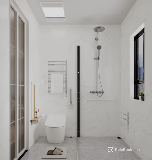 Modern Bathroom Interior With White Marble Walls Shower Fixture Towel Rack And Toilet 3d model 