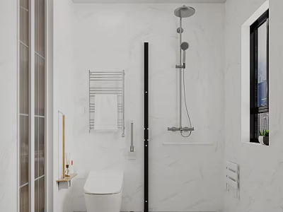 Modern Bathroom Interior With White Marble Walls Shower Fixture Towel Rack And Toilet 3d model