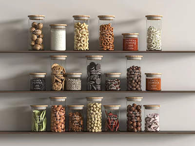 Organized Kitchen Shelves With Glass Jars Filled With Nuts Pasta Beans And Grains 3d model