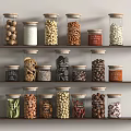 Organized Kitchen Shelves With Glass Jars Filled With Nuts Pasta Beans And Grains
