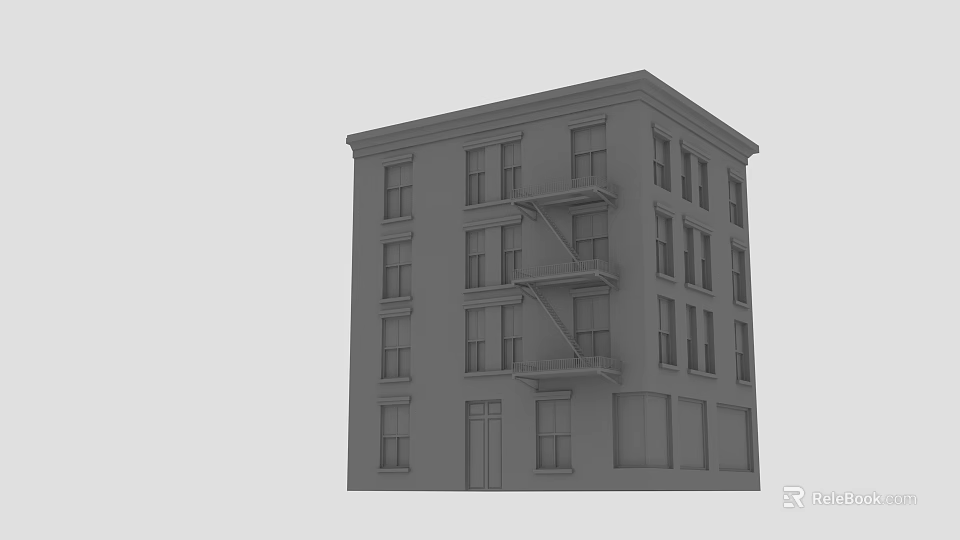 Gray Multi Story Architectural Building Model With Windows And Fire Escape Structure 3d model 
