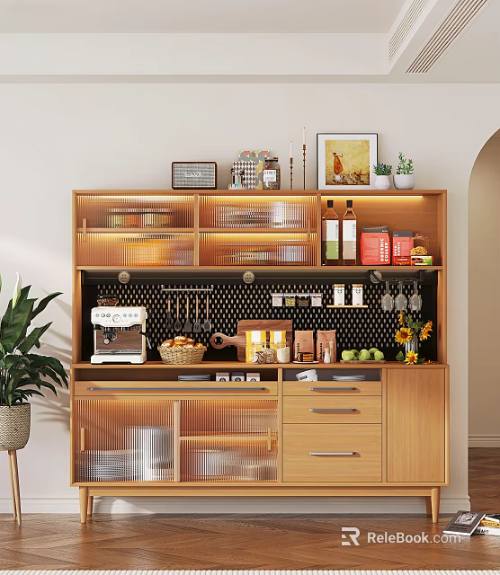 Wooden Sideboard with Glass Doors Hanging Cups Coffee Machine Fruits Sunflower Decor and Potted Plant 3d model 