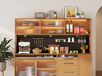 Wooden Sideboard with Glass Doors Hanging Cups Coffee Machine Fruits Sunflower Decor and Potted Plant 3d model