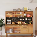 Wooden Sideboard with Glass Doors Hanging Cups Coffee Machine Fruits Sunflower Decor and Potted Plant