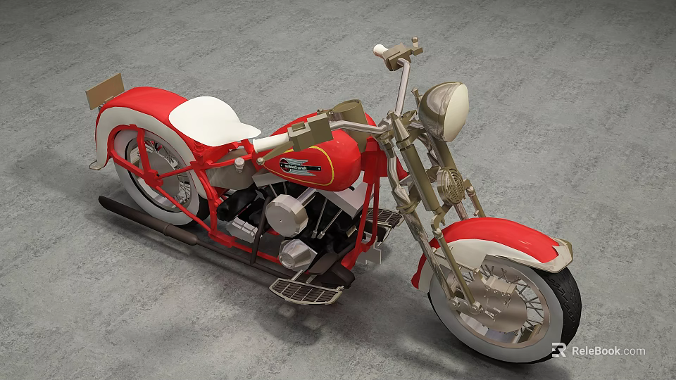 Vintage Red Classic Motorcycle With White Seat Metal Handlebars And Exhaust Pipes 3d model 