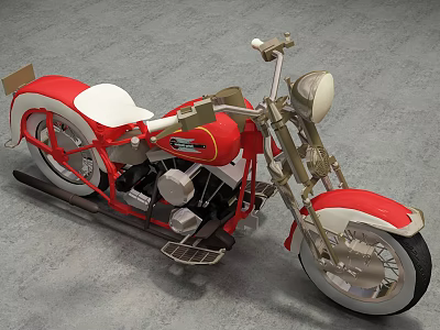 Vintage Red Classic Motorcycle With White Seat Metal Handlebars And Exhaust Pipes 3d model