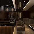 Upscale Dark Style Yakitori Japanese Restaurant Interior With Warm Wooden Bar And Illuminated Staircase