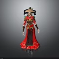 Woman in Traditional Red and Brown Costume with Decorative Hat and Ornaments