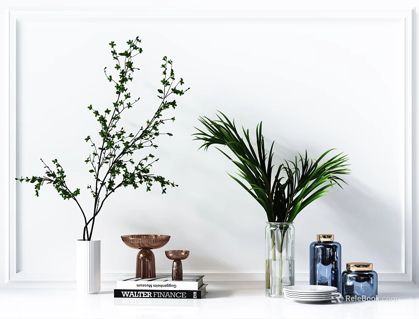 Tabletop Decorative Ornaments Arrangement With Green Plants White Vases Wooden Accents And Glass Jars 3d model 