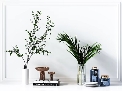 Tabletop Decorative Ornaments Arrangement With Green Plants White Vases Wooden Accents And Glass Jars 3d model