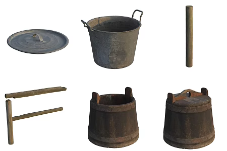 Ancient Wooden Stick Iron Barrel Fence 3d model