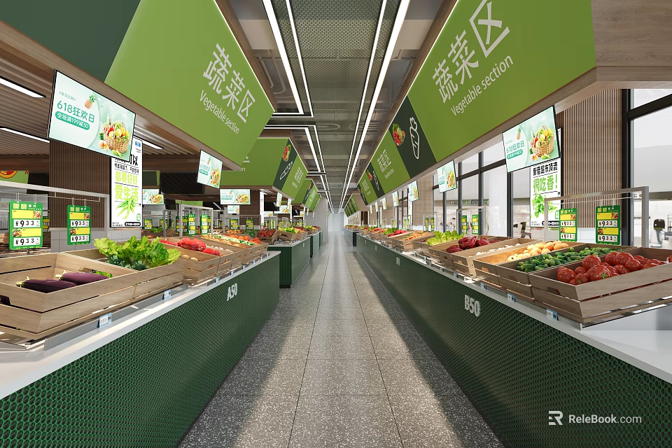Supermarket Vegetable Section With Green Shelves Displaying Various Fresh Vegetables And Signs 3d model 