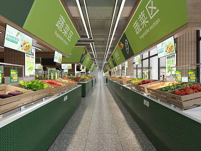 Supermarket Vegetable Section With Green Shelves Displaying Various Fresh Vegetables And Signs 3d model