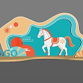 Vibrant Photo Check in Spot with White Horse Decorative Sun Cloud Patterns and LOGO