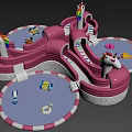 Kids Play Area Featuring Inflatable Unicorn Slide Blue Water Pool And Floating Ring